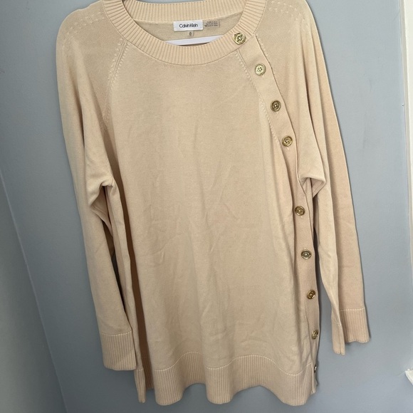 Calvin Klein Tan Crew Neck Sweater with Relaxed Fit‎ button detail - Picture 1 of 11